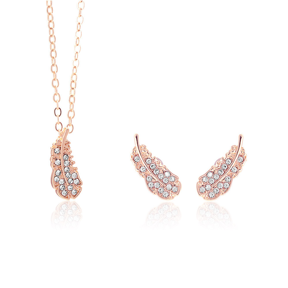 Feather Crystal Necklace Earrings Set